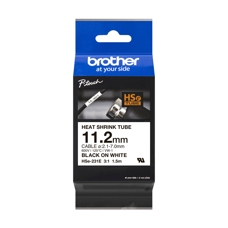 Brother Schrumpfschlauch HSe-231E / HSE231E, schwarz auf weiß, 11,2 mm x 1,5 m