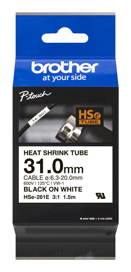 Brother HSe-261E / HSE261E heat shrink tube, black on white, 31.0 mm x 1.5 m