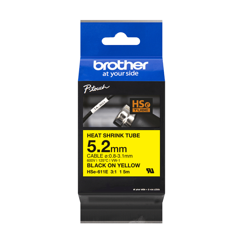 Brother Schrumpfschlauch HSe-611E / HSE611E, schwarz auf gelb, 5,2 mm x 1,5 m