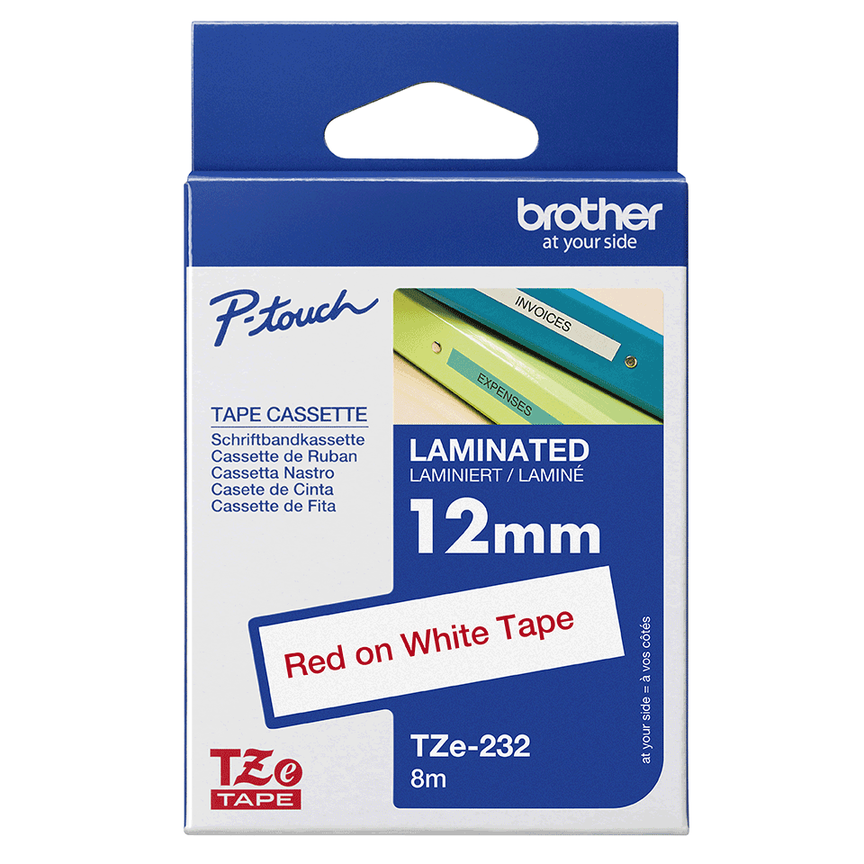 Brother Schriftband laminiert TZe-232 / TZE232, rot auf weiß, 12 mm x 8 m