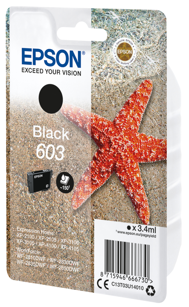Epson 603 / C13T03U14010 black ink cartridge, 34 ml