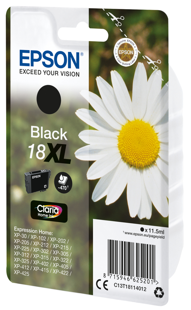 Tintenpatrone Epson 18XL / C13T18114012 Schwarz XL, 470 Seiten