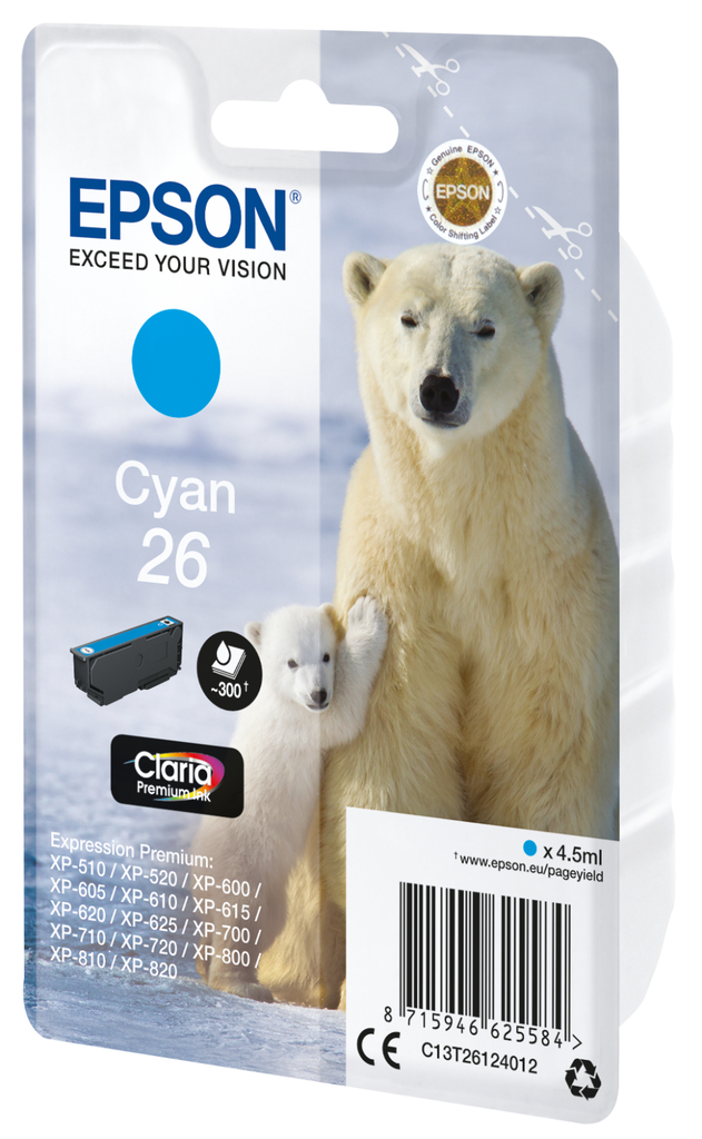[C13T26124012] Cartouche d'encre Epson 26 / C13T26124012 cyan, 300 pages