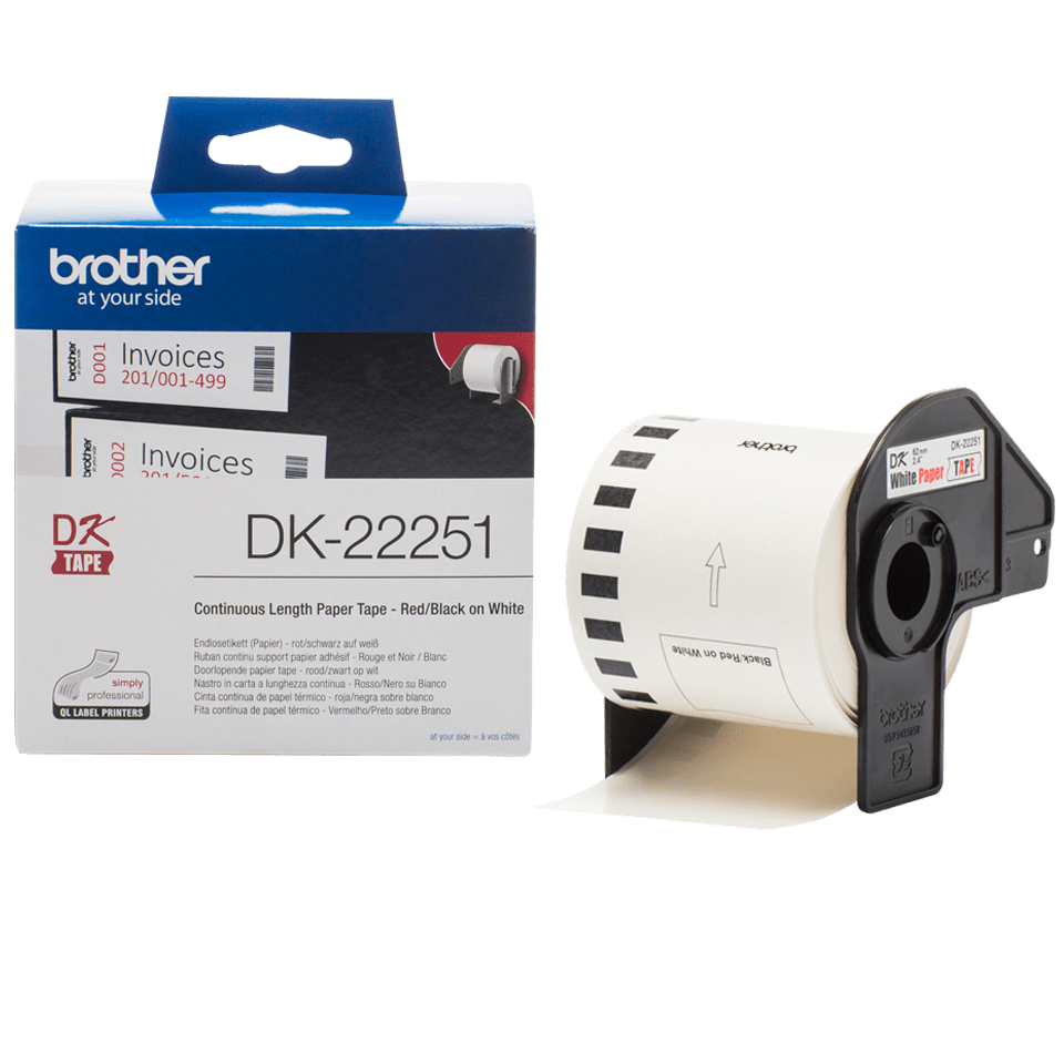 Rouleau continu papier Brother DK-22251 / DK22251, noir et rouge sur blanc, 62 mm x 15,24 m