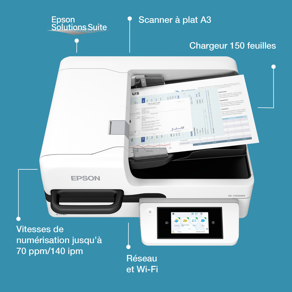 [B11B284401] Scanner à plat Epson DS-71000WN, A3, chargeur 150 feuilles