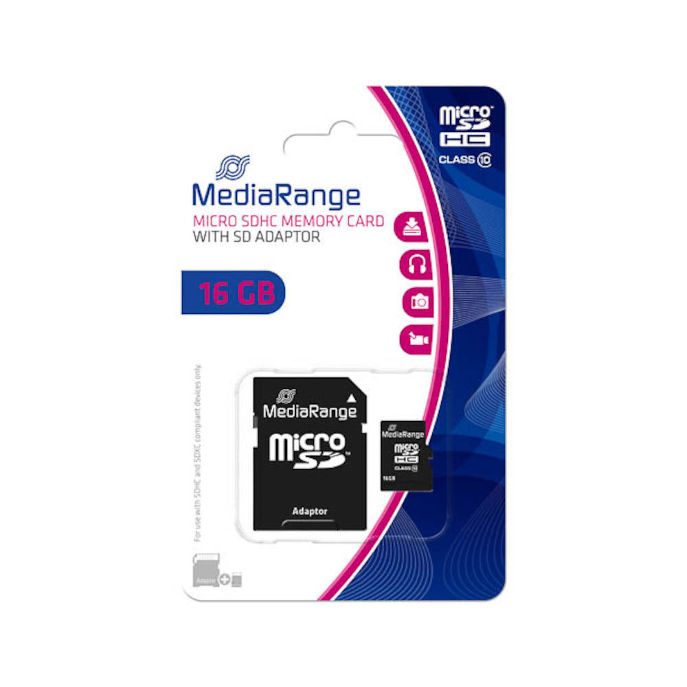 [MR958] MediaRange MR958 microSDHC memory card with SD adapter, 16 GB, Class 10