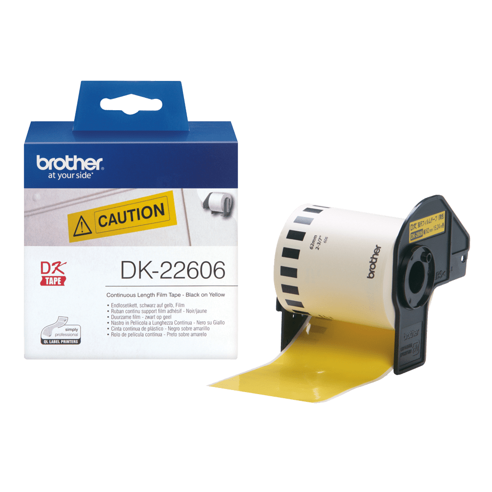 Rouleau continu film Brother DK-22606 / DK22606, noir sur jaune, 62 mm x 15,24 m