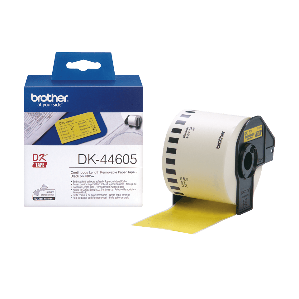 [DK44605] Brother DK-44605 / DK44605 continuous removable paper roll, black on yellow, 62 mm x 30.48 m